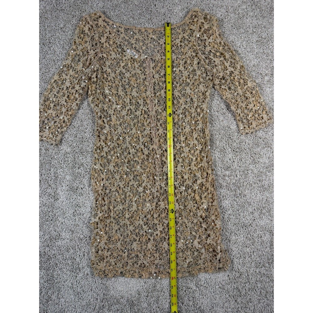 Kay Unger Gold Lace Sequin Sheer Overlay Dress 3/4 Sleeve Cocktail Formal - Picture 2 of 9